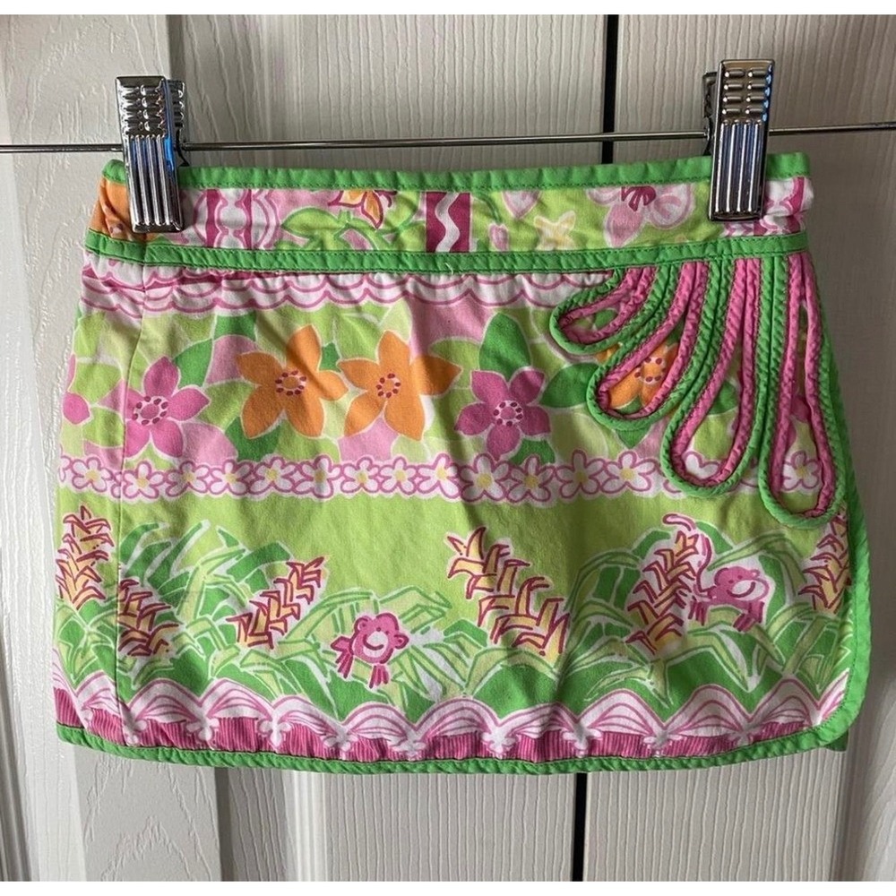 VINTAGE Lilly Pulitzer White Label Green Pink Tropical Monkey Print Skort GIRL 4